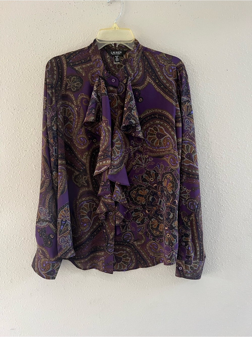 Ralph Lauren Purple Paisley Ruffle-Front Button Down Blouse